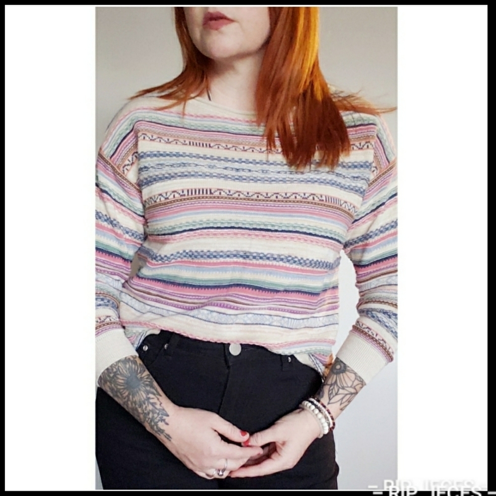 Striped Boho Long Sleeve Pink and Blue Knit Sweater Top